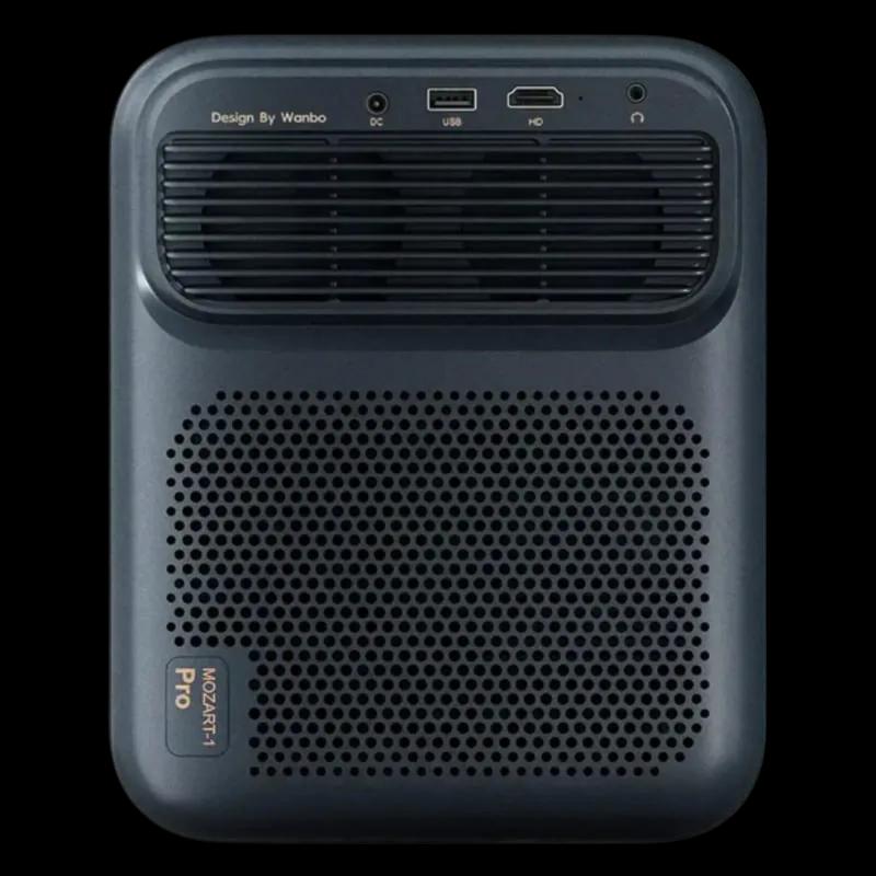 Projecteur Wanbo 2025 Mozart 1 Pro New Full HD, boîtier bleu foncé compact, large grille de ventilation, ports DC USB HD en façade supérieure