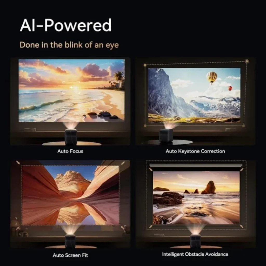 Projecteur compact bleu foncé avec autofocus, correction trapézoïdale, ajustement d’écran et évitement intelligent des obstacles affichés sur