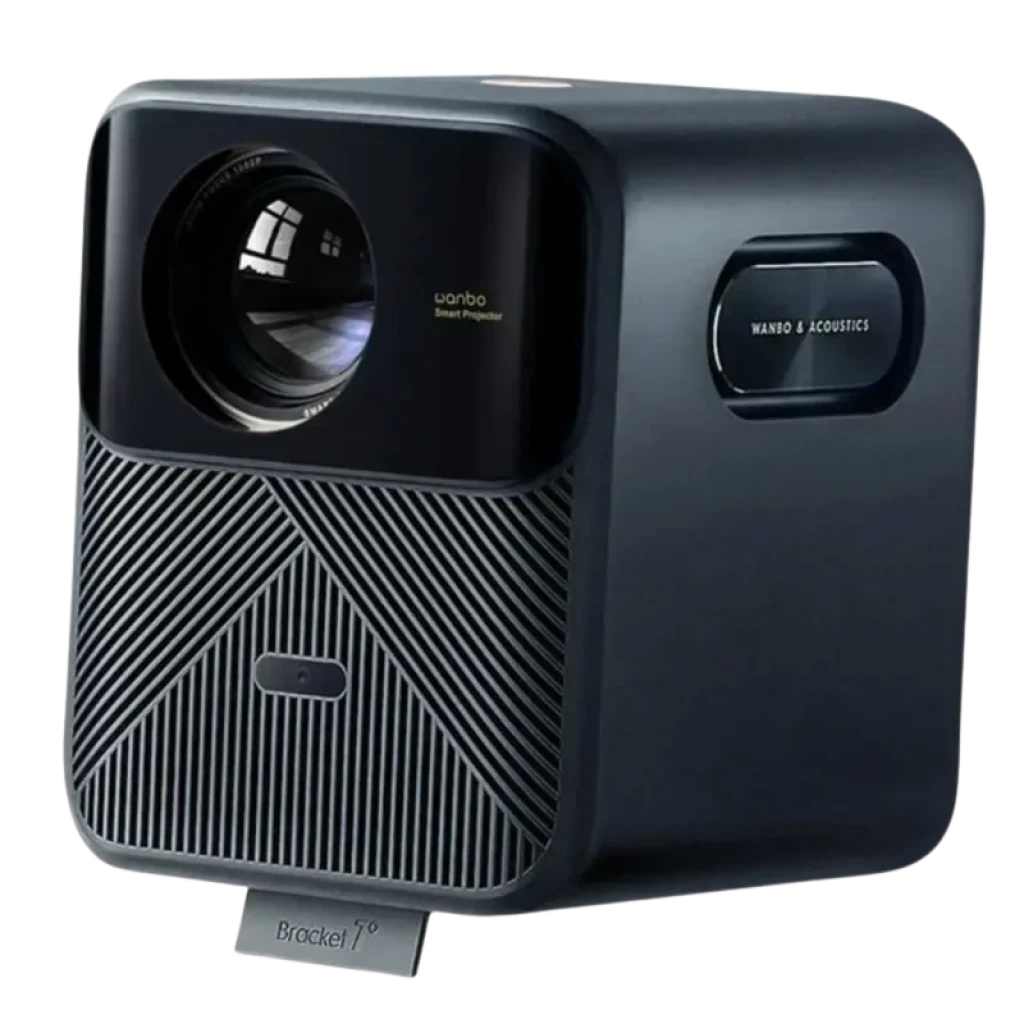 Wanbo 2025 Mozart 1 Pro New ANSI projecteur Full HD 1200 lumens, boîtier bleu foncé, large lentille frontale, façade striée, module Wando Acoustics, pied