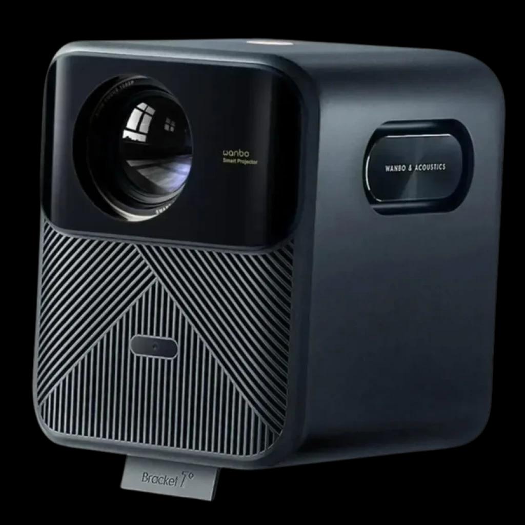Wanbo 2025 Mozart 1 Pro New ANSI projecteur Full HD 1200 lumens, boîtier bleu foncé, large lentille frontale, façade striée, module Wando Acoustics, pied