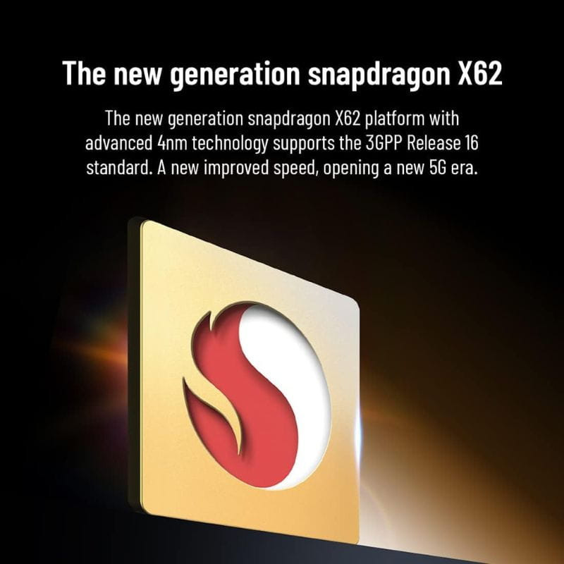 ZTE MU5120 5G Wi-Fi 6 – Chip Snapdragon X62 de nova geração com tecnologia 4 nm, ícone vermelho e branco em bloco dourado, desempenho 5G avançado