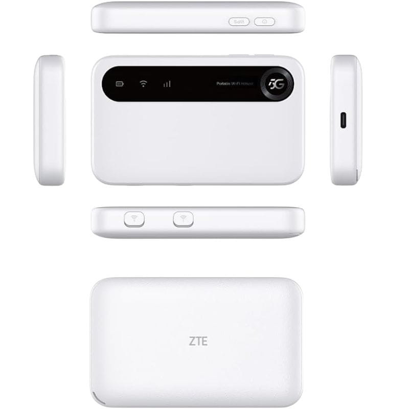 ZTE U50 5G Wi-Fi 6 Router de red móvil compacto en color blanco, pantalla superior con indicadores LED, botones laterales, puerto USB-C y acabado liso