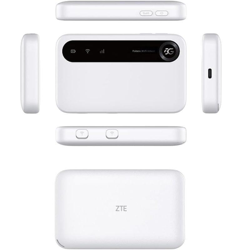 ZTE U50 5G Wi-Fi 6 Router de red móvil compacto en color blanco, pantalla superior con indicadores LED, botones laterales, puerto USB-C y acabado liso