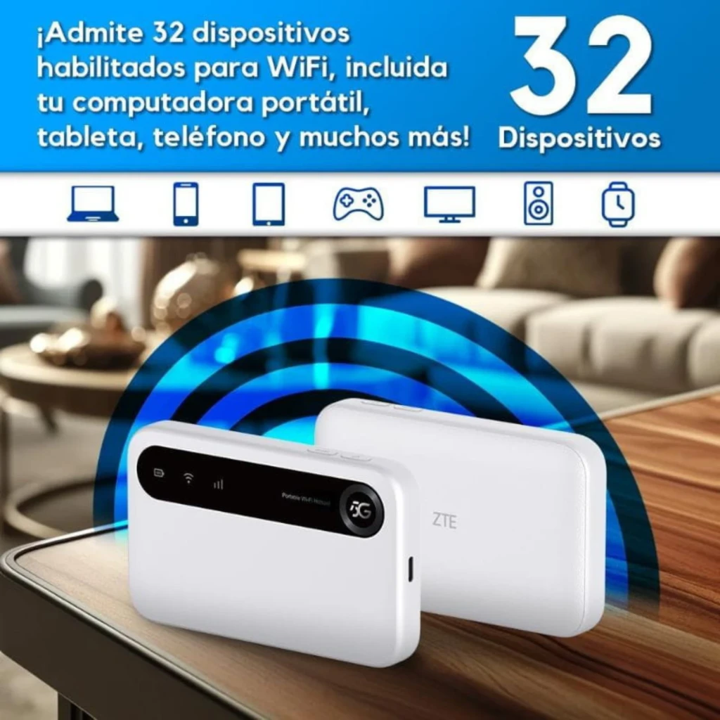 ZTE U50 5G Wi-Fi 6: router móvil blanco compacto con panel frontal negro, indicadores LED y señal 5G, admite hasta 32 dispositivos en mesa de madera