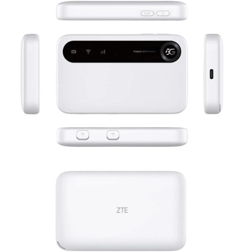 ZTE U50 5G Wi‑Fi 6, router móvil blanco compacto con pantalla de estado, botones laterales, indicadores LED frontales y puerto USB‑C para carga y conexión