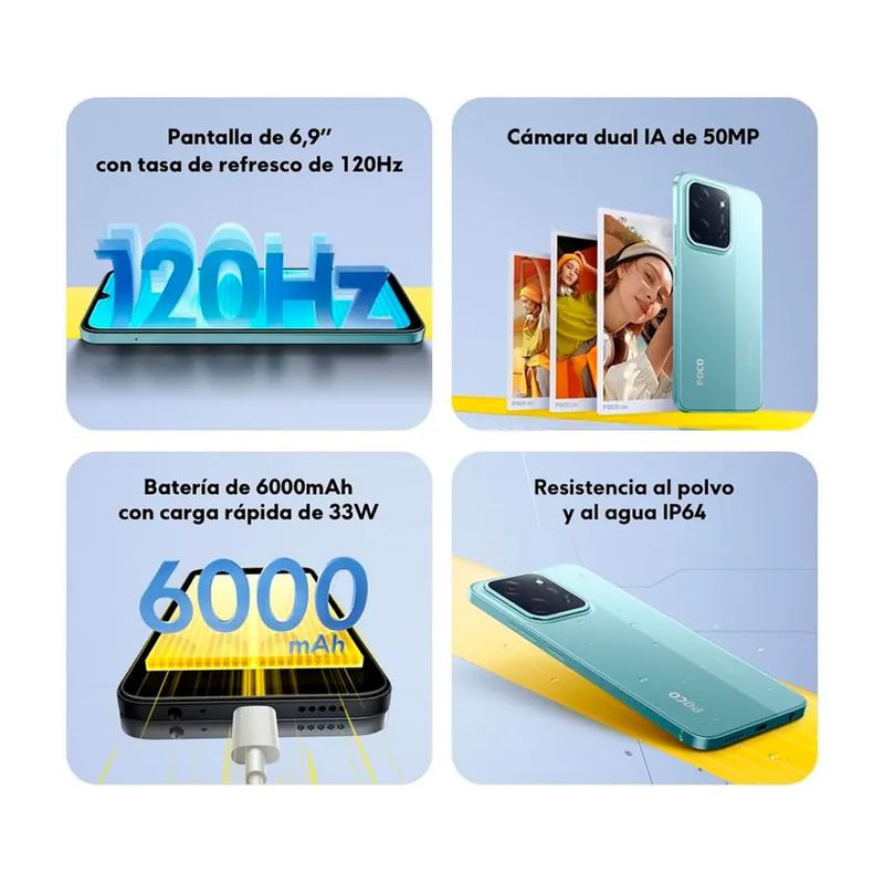 Xiaomi Poco C85 8GB/256GB Verde: pantalla 6.9” 120Hz, cámara dual IA 50MP, batería 6000mAh con carga 33W, cuerpo verde con resistencia IP64.
