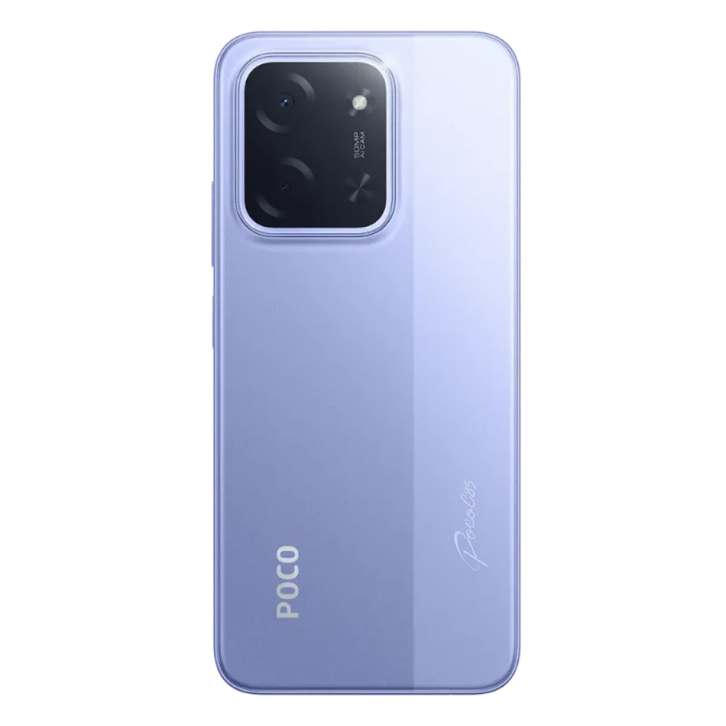 Xiaomi Poco C85 6GB/128GB Lila con tapa trasera violeta mate y módulo de cámara rectangular negro con doble lente y flash, logo POCO lateral