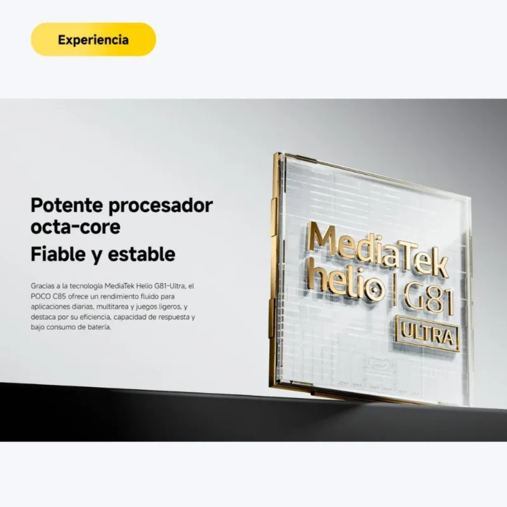 Xiaomi Poco C85 6GB/128GB Lila con procesador MediaTek Helio G81 Ultra, rendimiento octa-core potente, estable y eficiente para apps y juegos