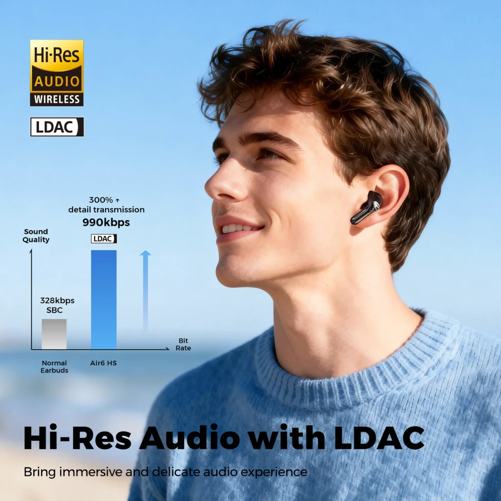 SoundPEATS Air6 HS Auriculares Bluetooth Negro con diseño intraaural, acabado brillante, micrófonos integrados y soporte Hi-Res Audio inalámbrico con LDAC