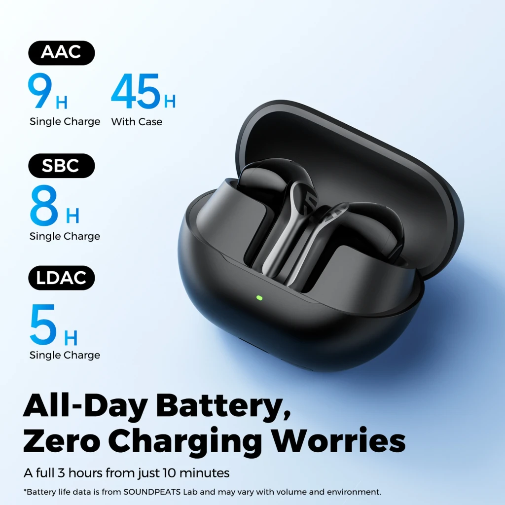 SoundPEATS Air6 HS Auriculares Bluetooth negros con estuche de carga mate, LED frontal y diseño in-ear; autonomía 9 h AAC, 8 h SBC, 5 h LDAC, 45 h con estuche