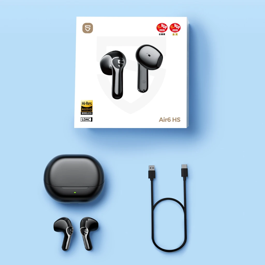 SoundPEATS Air6 HS Auriculares Bluetooth Negro con estuche de carga, diseño intraural abierto, acabado brillante, cable USB-C incluido y certificación Hi-Res