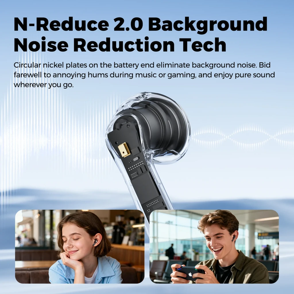 SoundPEATS Air6 HS Auriculares Bluetooth Negro con diseño semi in-ear, micrófono visible y carcasa transparente que muestra la tecnología de reducción de
