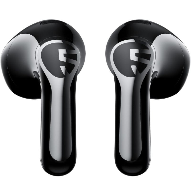 SoundPEATS Air6 HS Auriculares Bluetooth Preto: fones intra-auriculares pretos brilhantes, haste alongada, logo “S” prateado, design ergonômico e