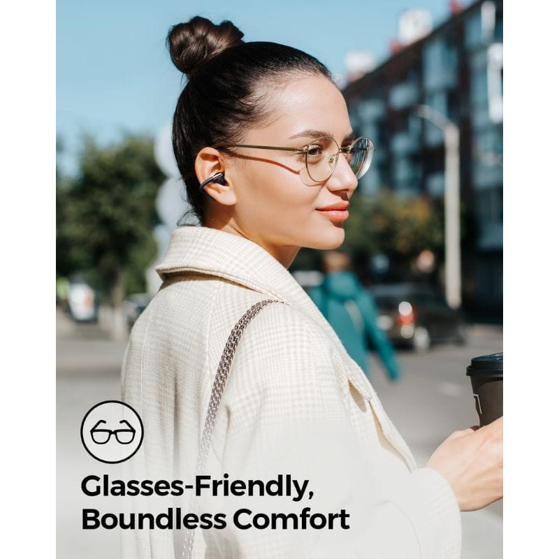 SoundPEATS Clip1 Auriculares Bluetooth Preto com design compacto intra-auricular, acabamento preto fosco e classificação IPX5, ideais para treino ao ar livre.