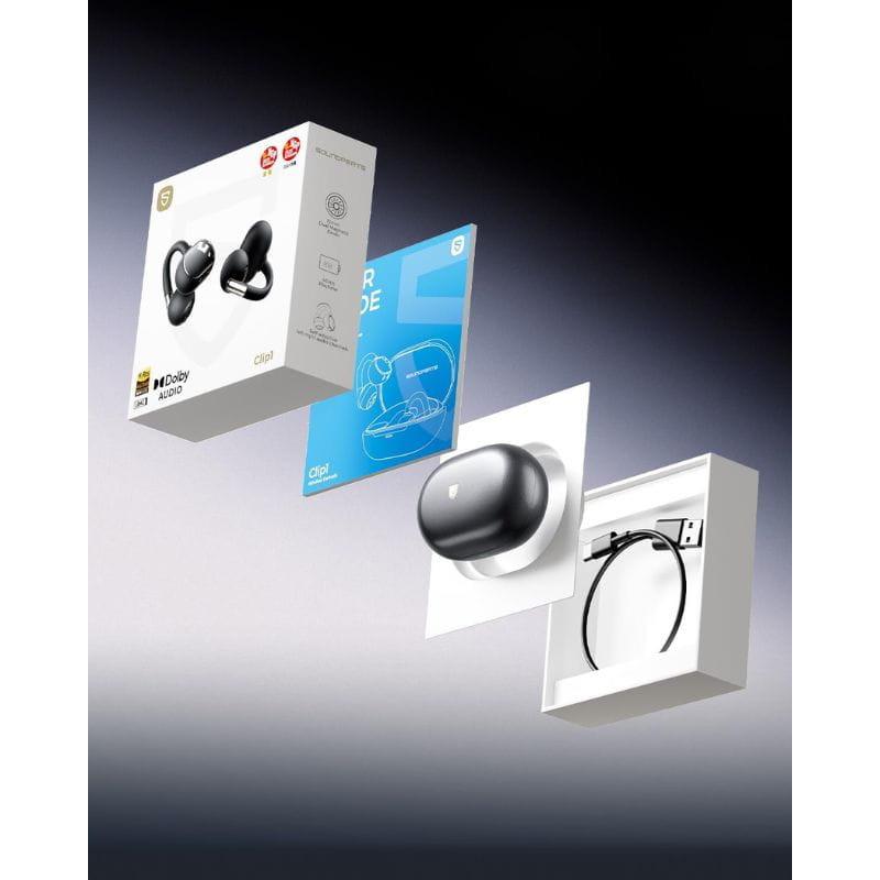 SoundPEATS Clip1 Auriculares Bluetooth Preto: estojo compacto preto, fones intra-auriculares, cabo USB e guia inclusos; design minimalista e moderno.