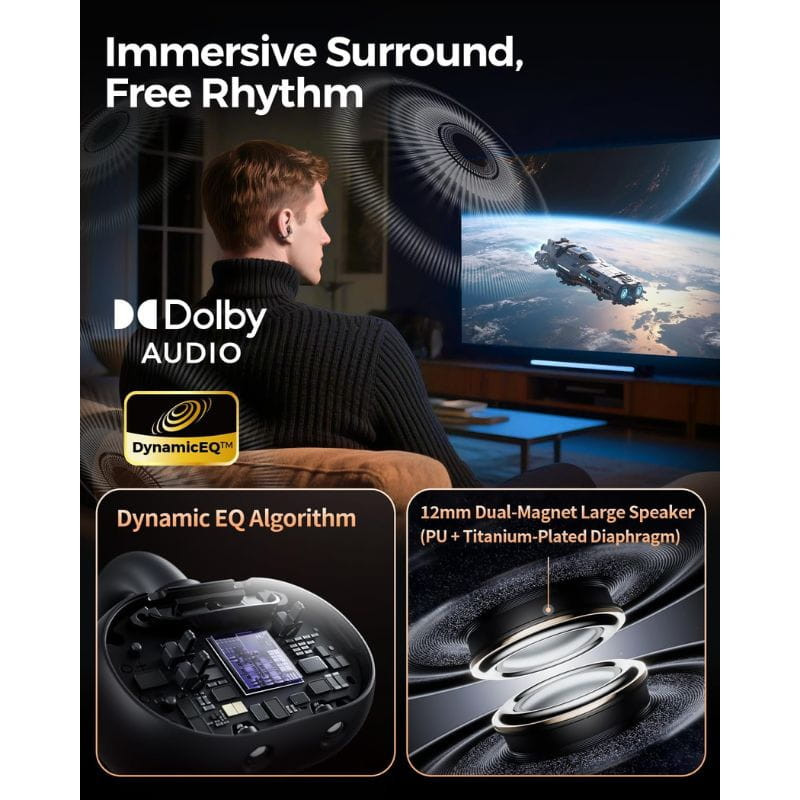 SoundPEATS Clip1 Auriculares Bluetooth Preto com áudio Dolby, alto-falante duplo 12mm, diafragma PU+titânio e algoritmo Dynamic EQ para som imersivo.