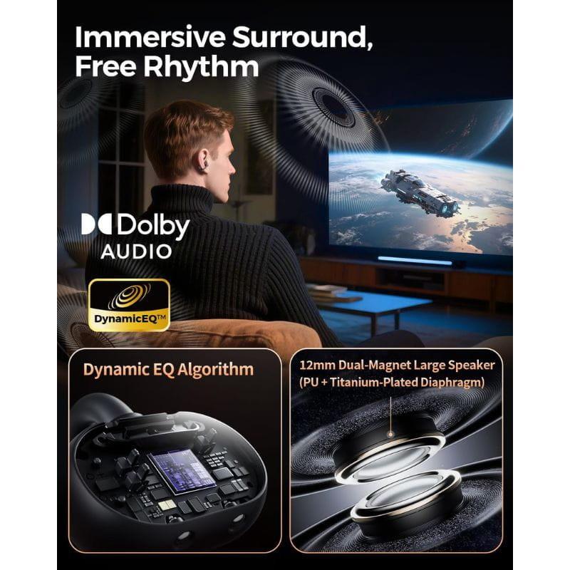 SoundPEATS Clip1 Auriculares Bluetooth Preto com áudio Dolby, alto-falante duplo 12mm, diafragma PU+titânio e algoritmo Dynamic EQ para som imersivo.