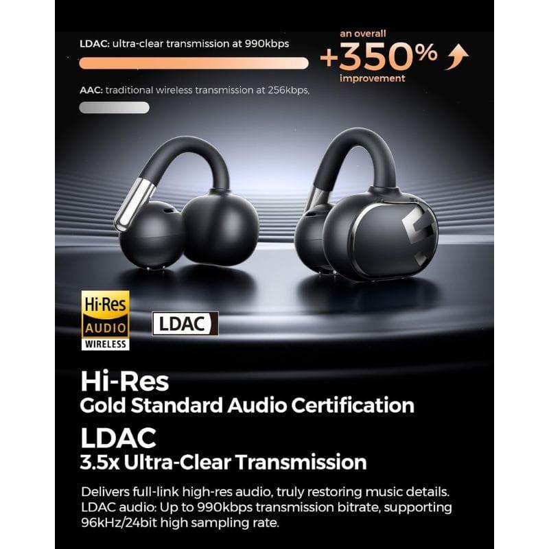 SoundPEATS Clip1 Auriculares Bluetooth Preto com design elegante, acabamento preto, certificação Hi-Res, LDAC, gancho auricular ergonômico e estojo compacto.