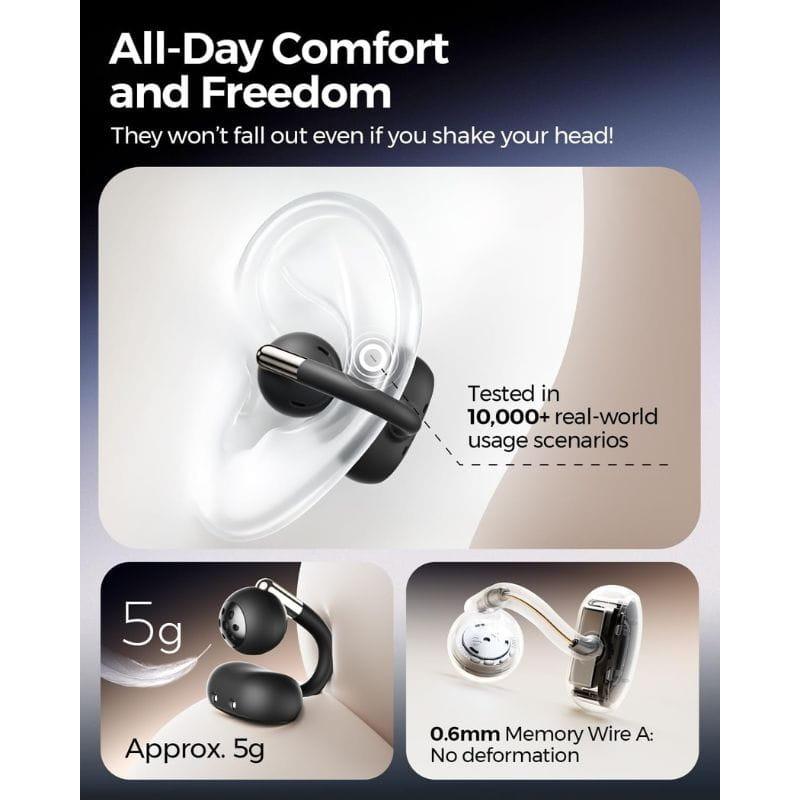 SoundPEATS Clip1 Auriculares Bluetooth Preto: earhook transparente, design leve (≈5 g), clipe magnético, fio memória 0,6 mm, ajuste seguro para uso