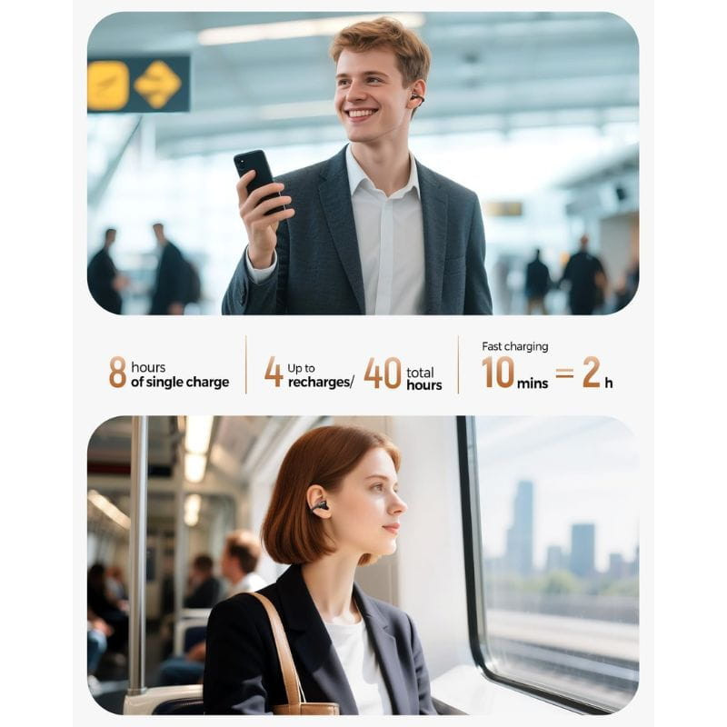 SoundPEATS Clip1 Auriculares Bluetooth Preto com design compacto intra-auricular, acabamento preto fosco e estojo portátil; uso no dia a dia e em trânsito.