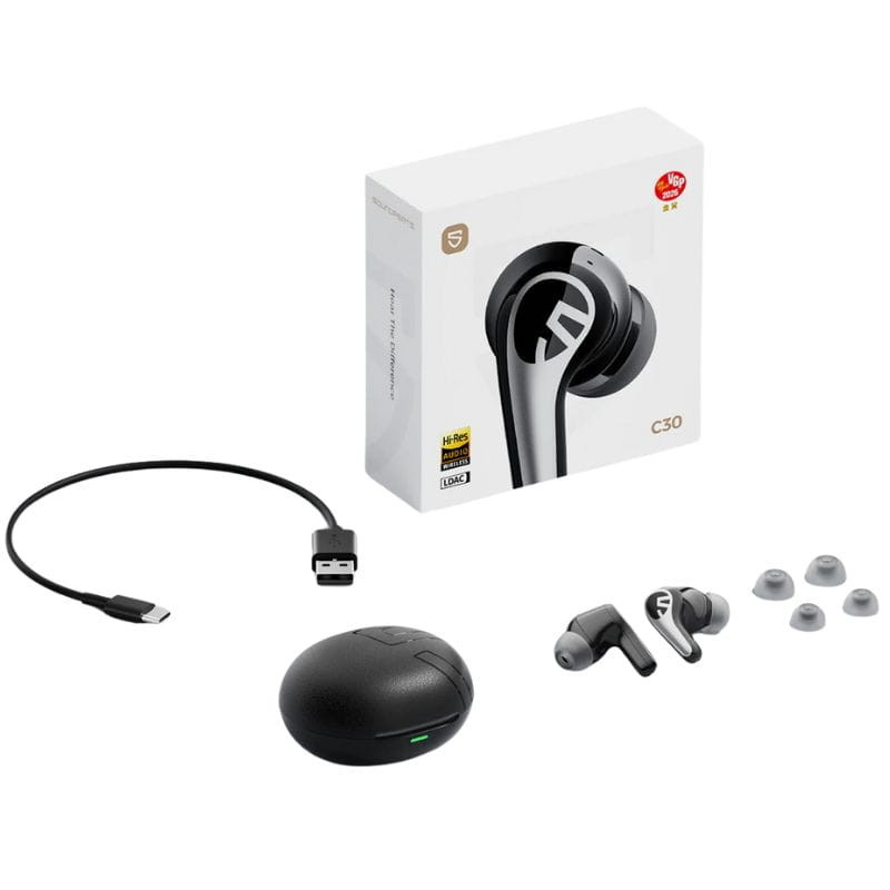 SoundPEATS C30 Auriculares Bluetooth Preto: earbuds intra-auriculares com hastes, estojo oval com LED, cabo USB-C e pontas de silicone em vários tamanhos.