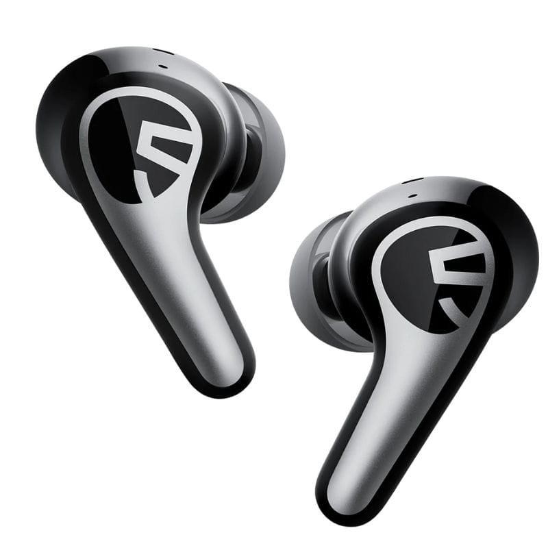 SoundPEATS C30 Auriculares Bluetooth Preto: earbuds in-ear pretos com haste prateada, design ergonômico, acabamento brilhante e logotipo destacado em