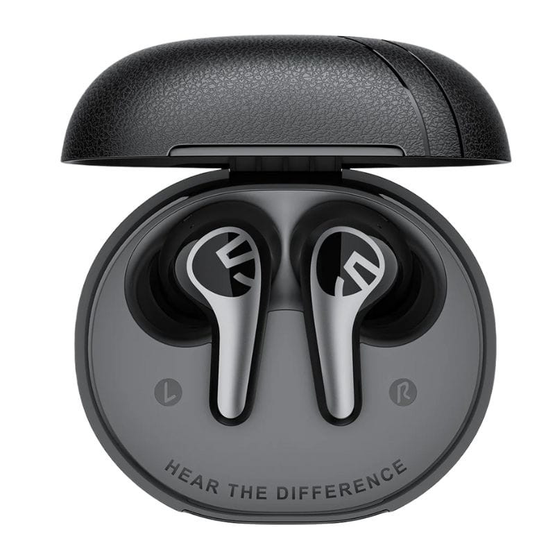 SoundPEATS C30 Auriculares Bluetooth Preto com estojo oval texturizado; earbuds intra-auriculares pretos e cinza com logotipo metálico e encaixe L/R marcado.