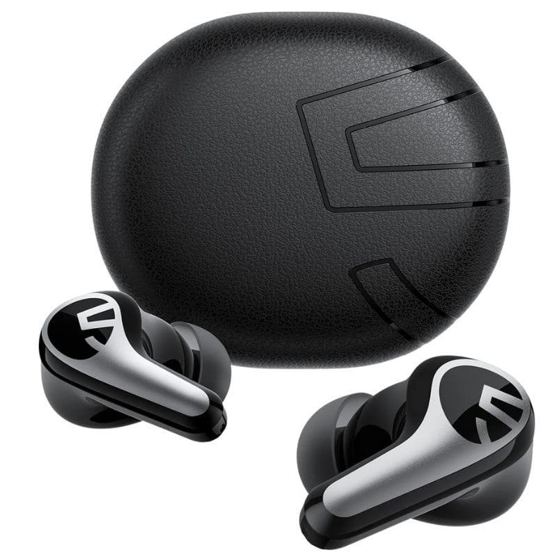 SoundPEATS C30 Auriculares Bluetooth Preto: earbuds intra-auriculares pretos com detalhes prateados e estojo compacto texturizado com logo em relevo.