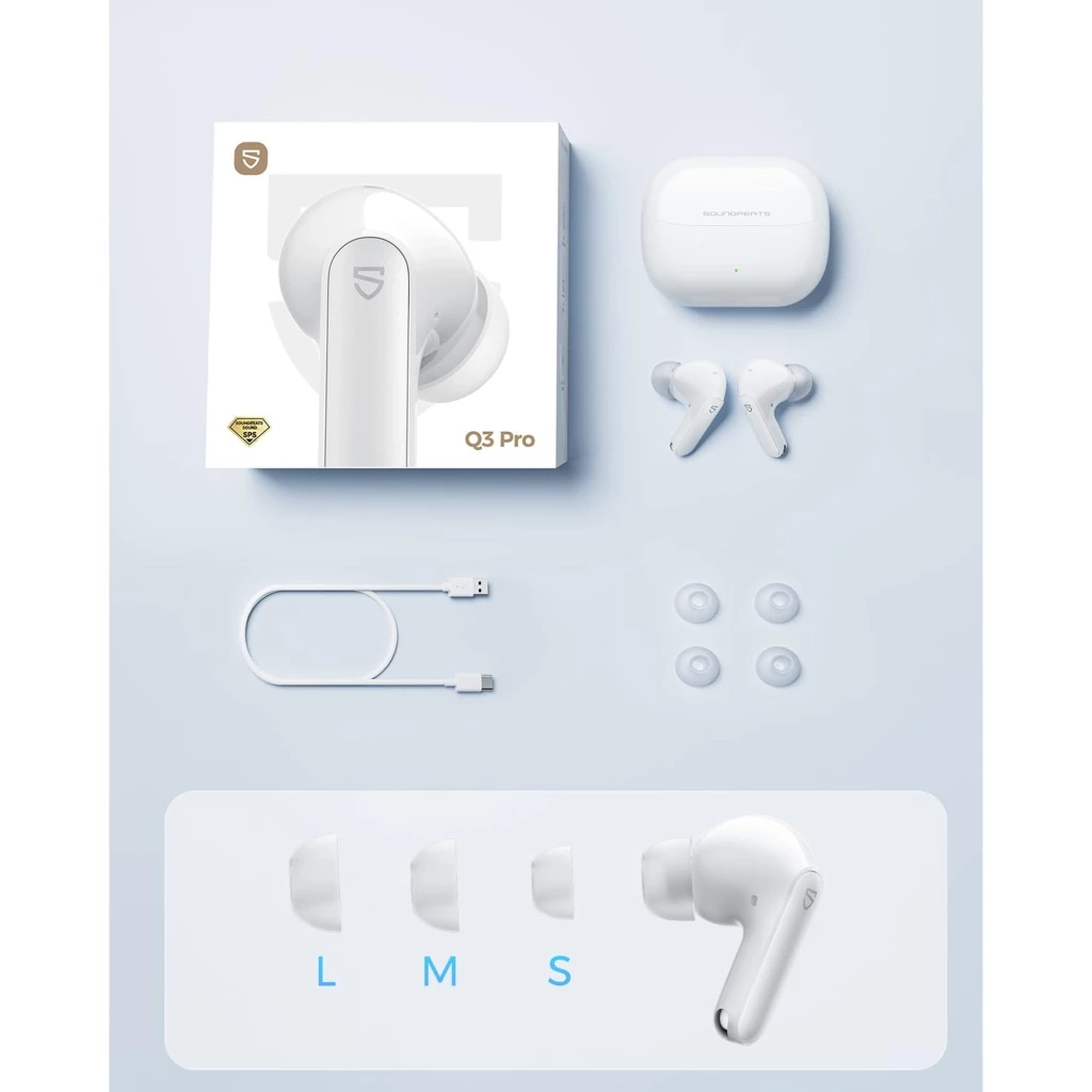 Soundpeats Q3 PRO Blanco: auriculares in-ear blancos con estuche de carga, almohadillas L M S, cable USB-C y diseño elegante con detalles plateados