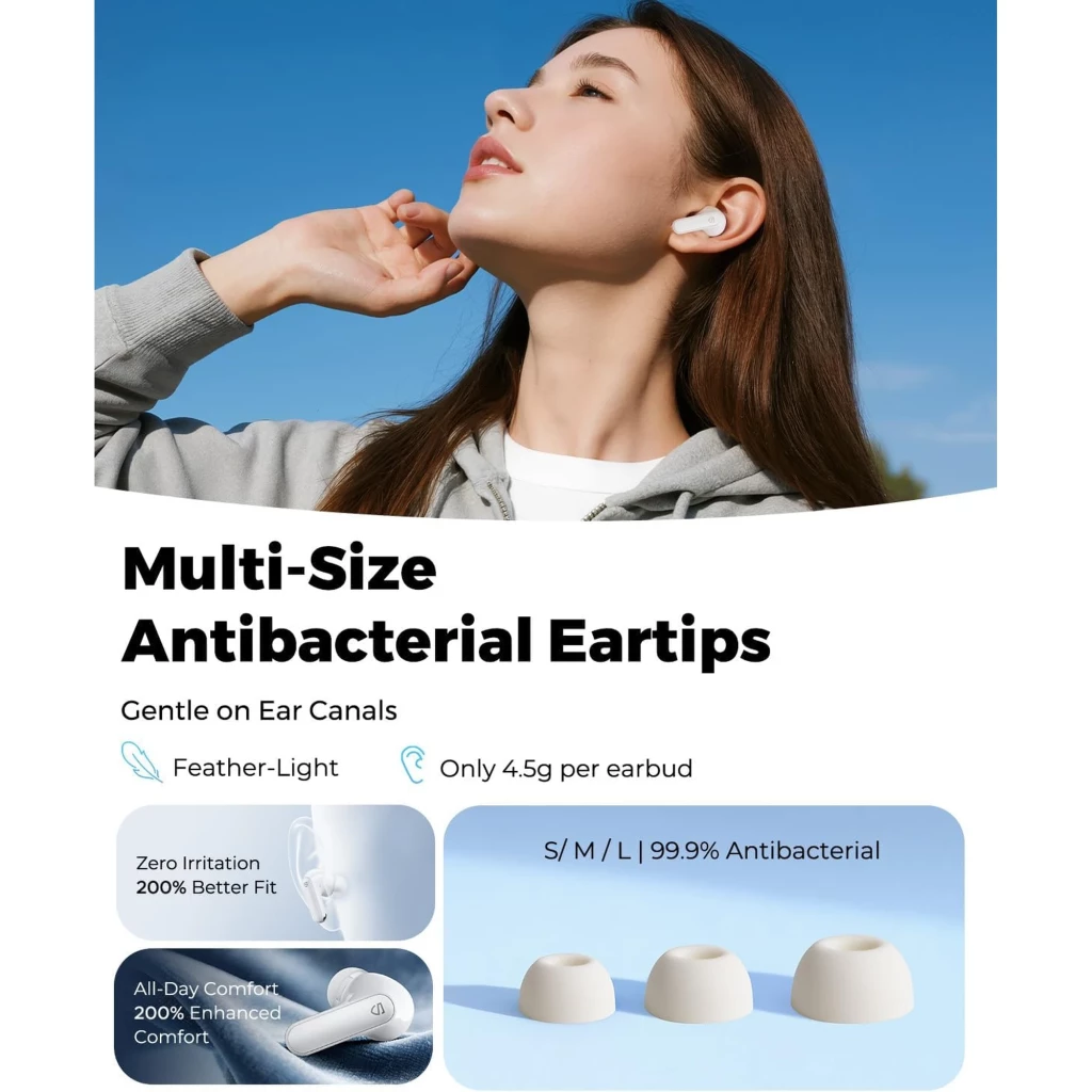 Soundpeats Q3 PRO Blanco - Auriculares Bluetooth con earbuds antibacterianos S M L, 4.5 g por pieza, diseño ligero y cómodo, ajuste suave en canal auditivo