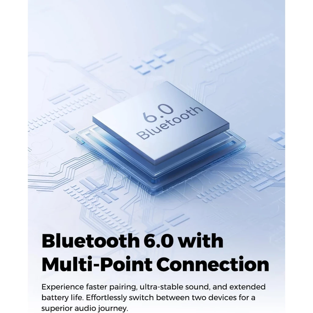 Chip Bluetooth 6.0 plateado sobre placa electrónica blanca, destaca compatibilidad multipunto y enfoque en conexión rápida y estable para Soundpeats Q3 PRO