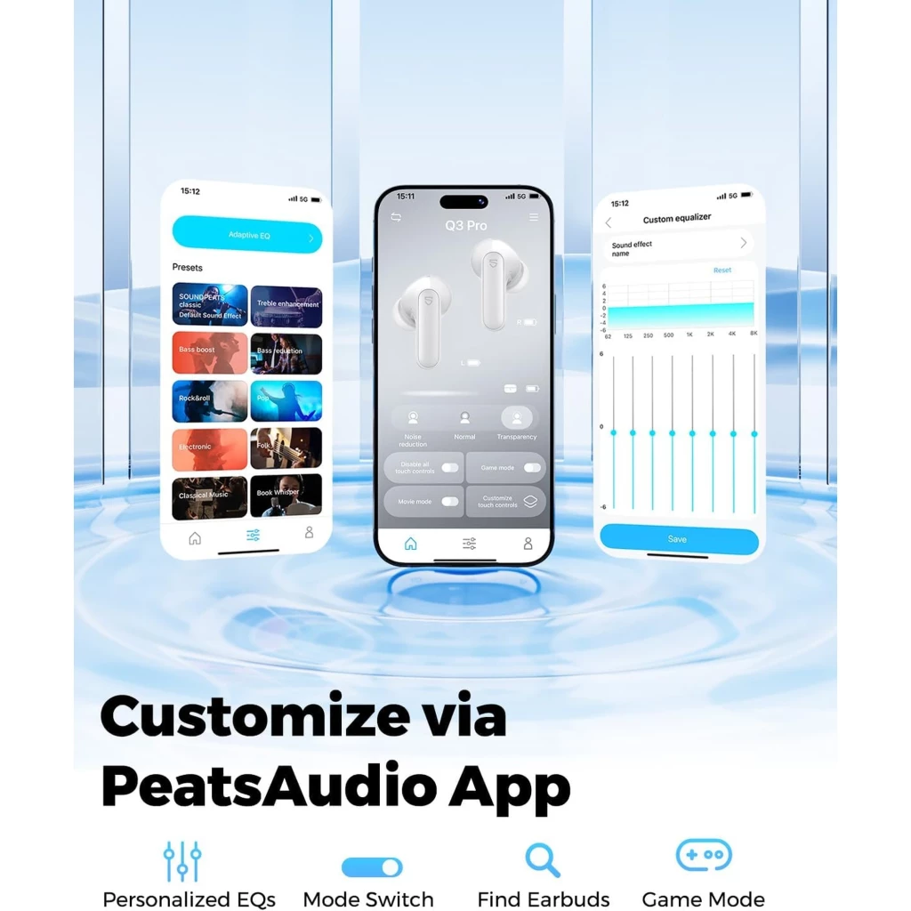 Soundpeats Q3 PRO Blanco - Auriculares Bluetooth con estuche y almohadillas, diseño in-ear, control táctil; app con ecualizador, presets y modo juego