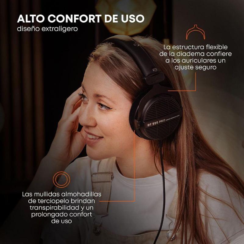 Beyerdynamic DT 990 PRO Black Edition 250 Ω casque studio noir, oreillettes ouvertes grillagées, coussinets velours épais, arceau rembourré, câble spiralé