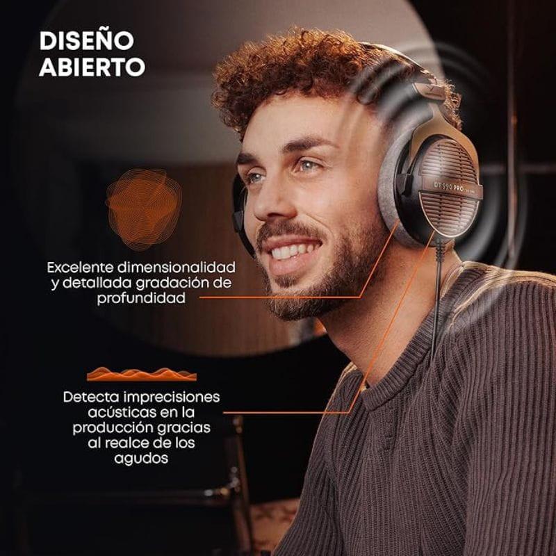 Beyerdynamic DT 990 PRO Black Edition 250 Ω, casque studio ouvert avec coques grillagées, arceau rembourré et câble spiralé connecté à l’oreillette