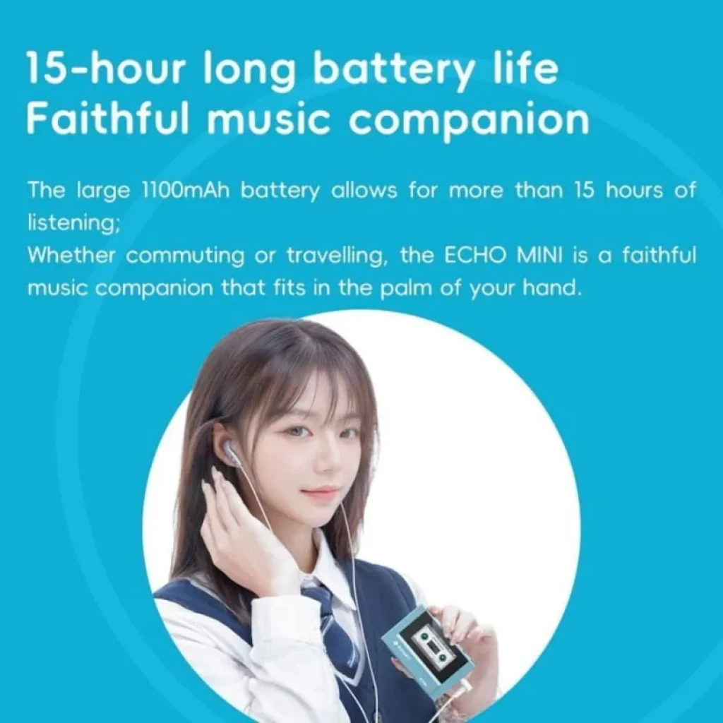 FiiO Snowsky ECHO MINI Negro, reproductor Hi‑Res compacto con carcasa negra y pantalla, mostrado en mano junto a auriculares, ideal para llevar