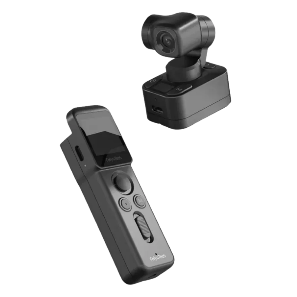 Cámara compacta 4K 60fps con módulo de lente estabilizado y mango desmontable con pantalla, joystick y botones; diseño portátil en color negro