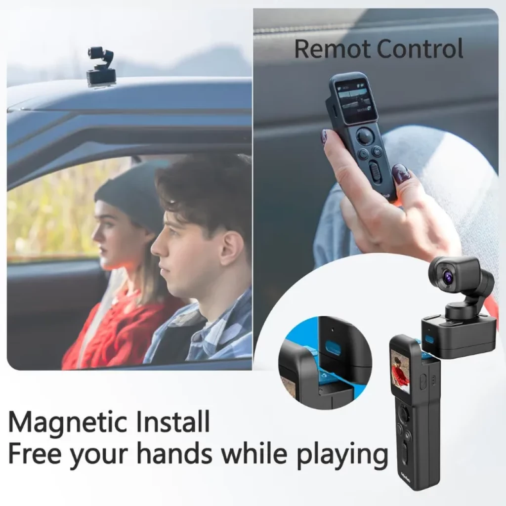 FeiyuTech Pocket 3 4K 60fps con mango desmontable, lente en cardán, control remoto, base magnética para montaje y pantalla a color para vista previa