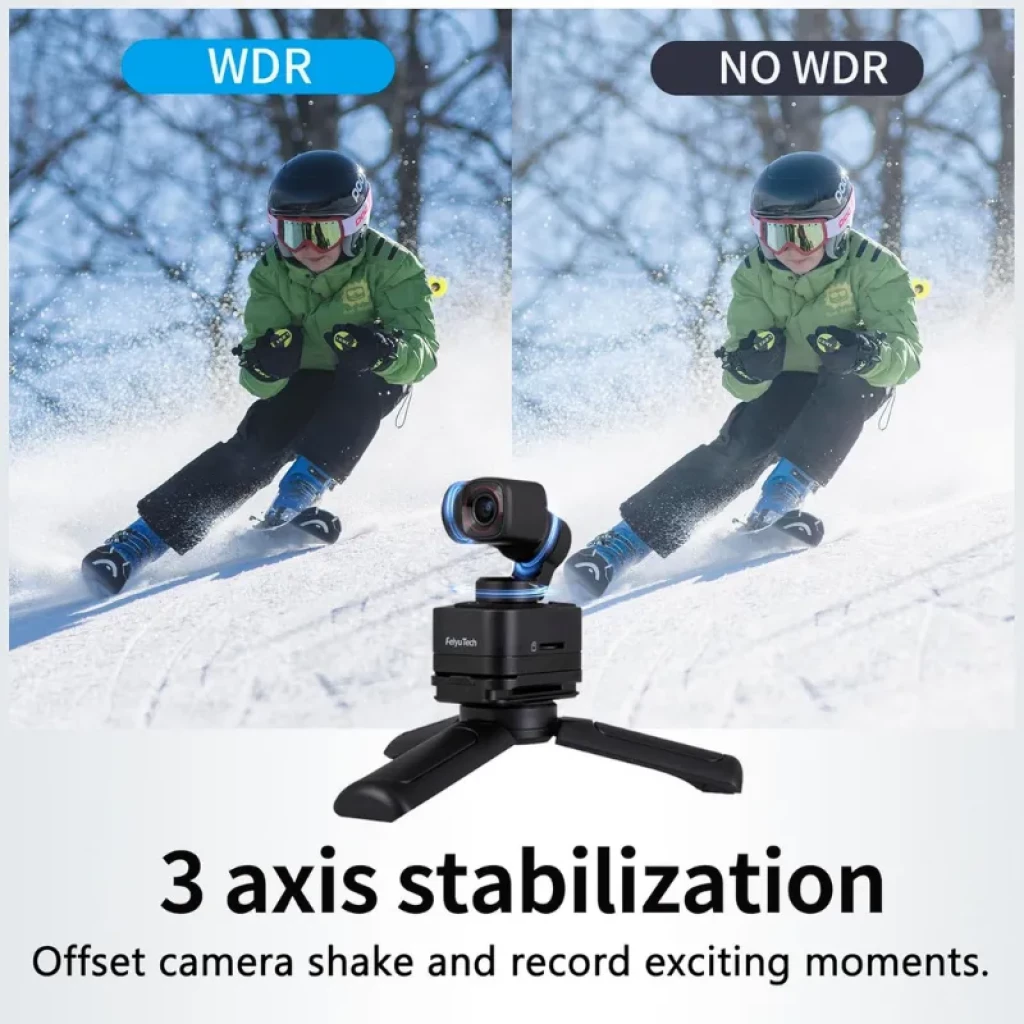 FeiyuTech Pocket 3 4K 60fps con gimbal 3 ejes, mango desmontable y mini trípode. Comparativa WDR vs sin WDR para mejor detalle en acción.