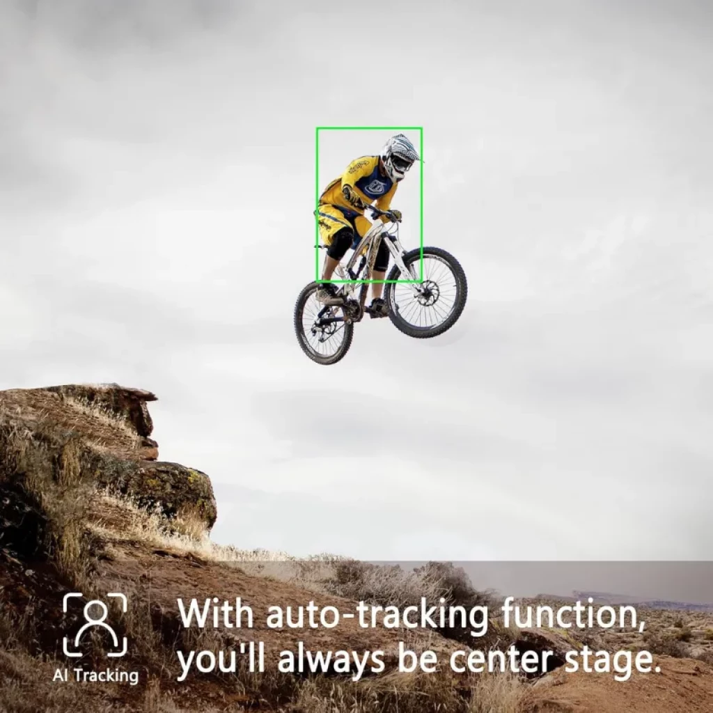 Cámara compacta 4K 60fps con gimbal de 3 ejes, pantalla táctil y mango desmontable; seguimiento AI, controles físicos y montaje en trípode portátil