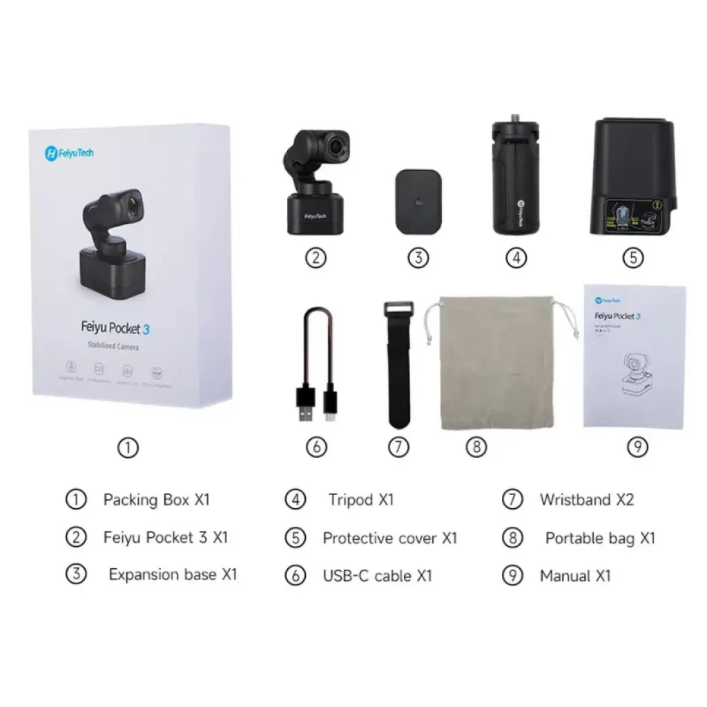 Cámara FeiyuTech Pocket 3 4K 60fps con gimbal, mango desmontable, trípode, base, protector, correa, bolsa, cable USB-C y manual. Compacta y portátil.