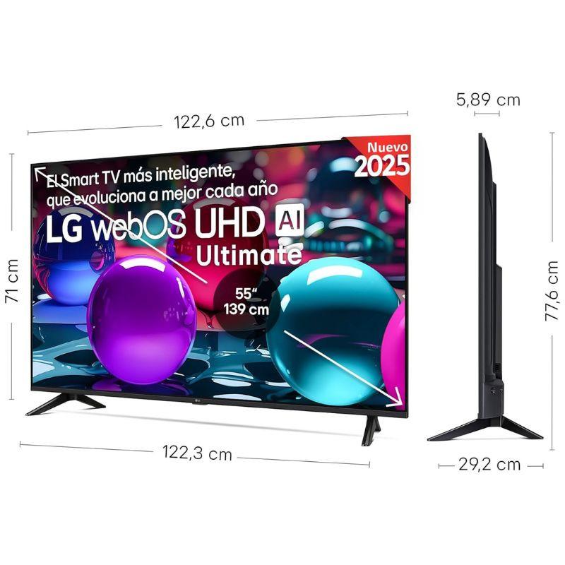 LG 55UA73006LA 55" 4K Ultra HD LED Smart TV Negro, vista frontal y lateral con las medidas en cm
