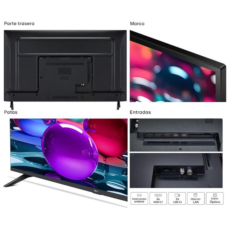 LG 55UA73006LA 55" 4K Ultra HD LED Smart TV Negro, vista trasera, detalle del marco, detalle de las patas y vista de los conectores y entradas