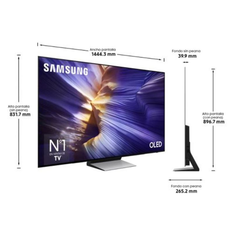 Samsung TQ65S90FAT 65" 4K Ultra HD OLED Smart TV Noir, dimensions de l'écran en mm, vue de face et de profil