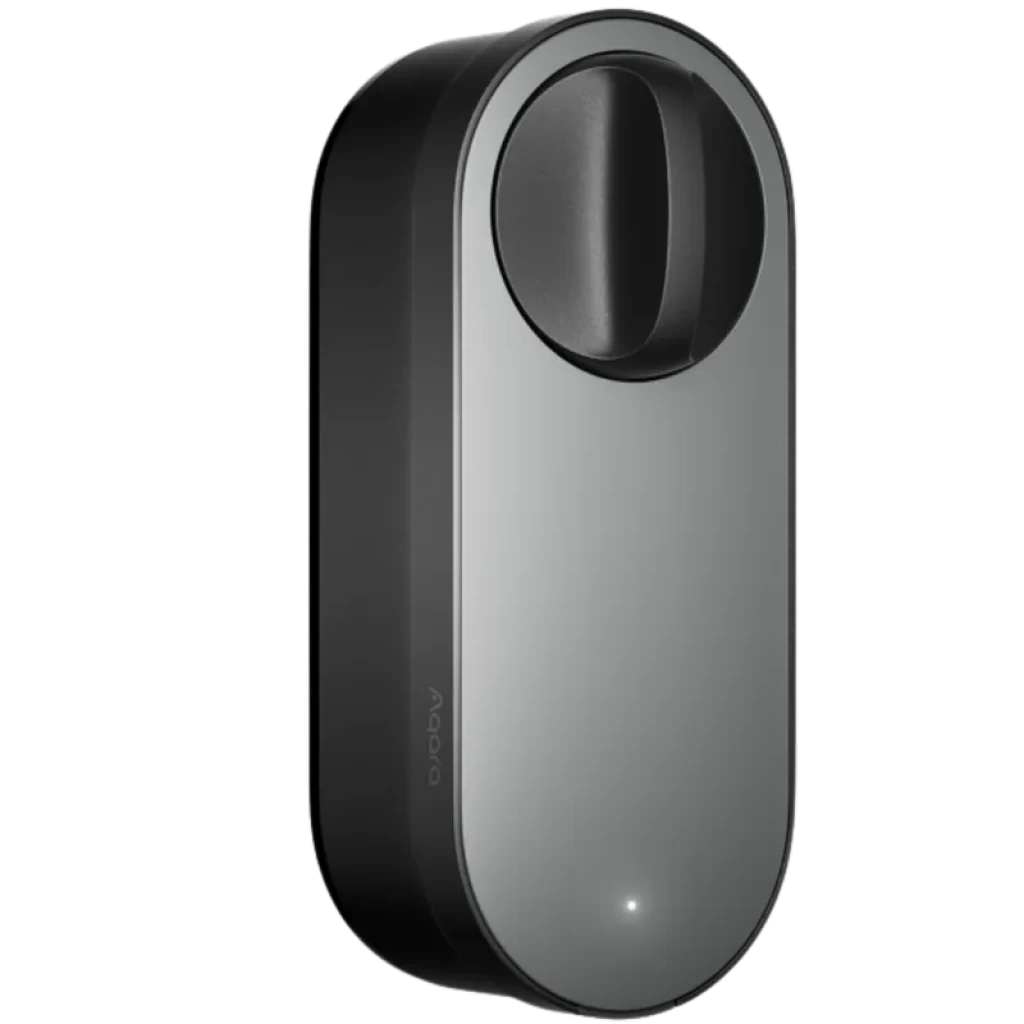 AQARA Smart Lock U200 Lite Preto com corpo preto e frente cinza espelhada, maçaneta rotativa minimalista e LED discreto na base para uso noturno