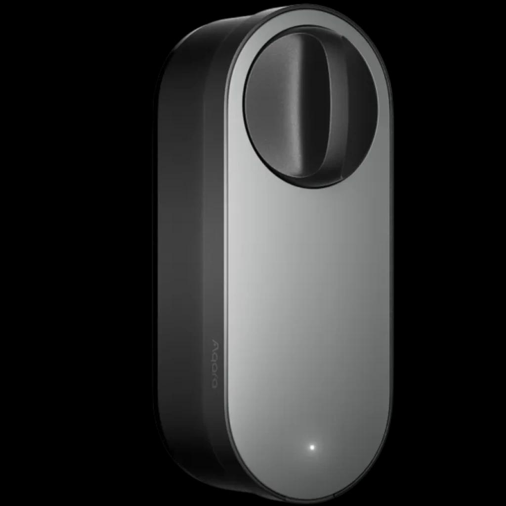 AQARA Smart Lock U200 Lite Preto com corpo preto e frente cinza espelhada, maçaneta rotativa minimalista e LED discreto na base para uso noturno