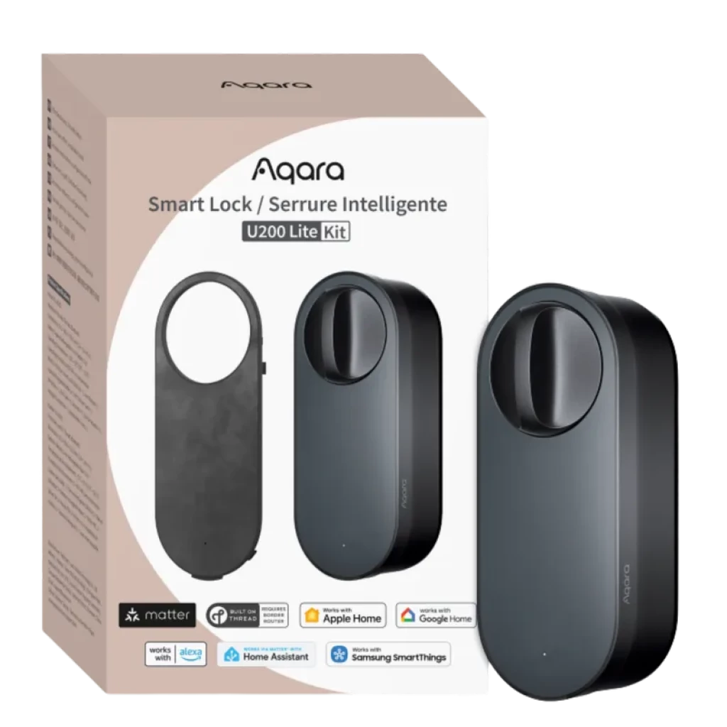 AQARA Smart Lock U200 Lite Preto, corpo preto fosco e botão giratório central; kit com duas peças, compatível com Apple Home, Google Home e Matter