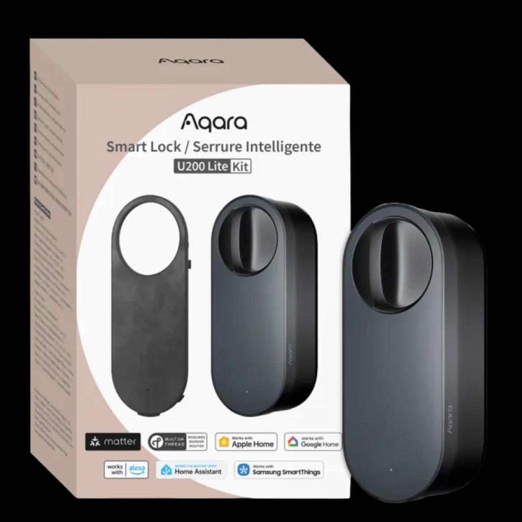AQARA Smart Lock U200 Lite Preto, corpo preto fosco e botão giratório central; kit com duas peças, compatível com Apple Home, Google Home e Matter