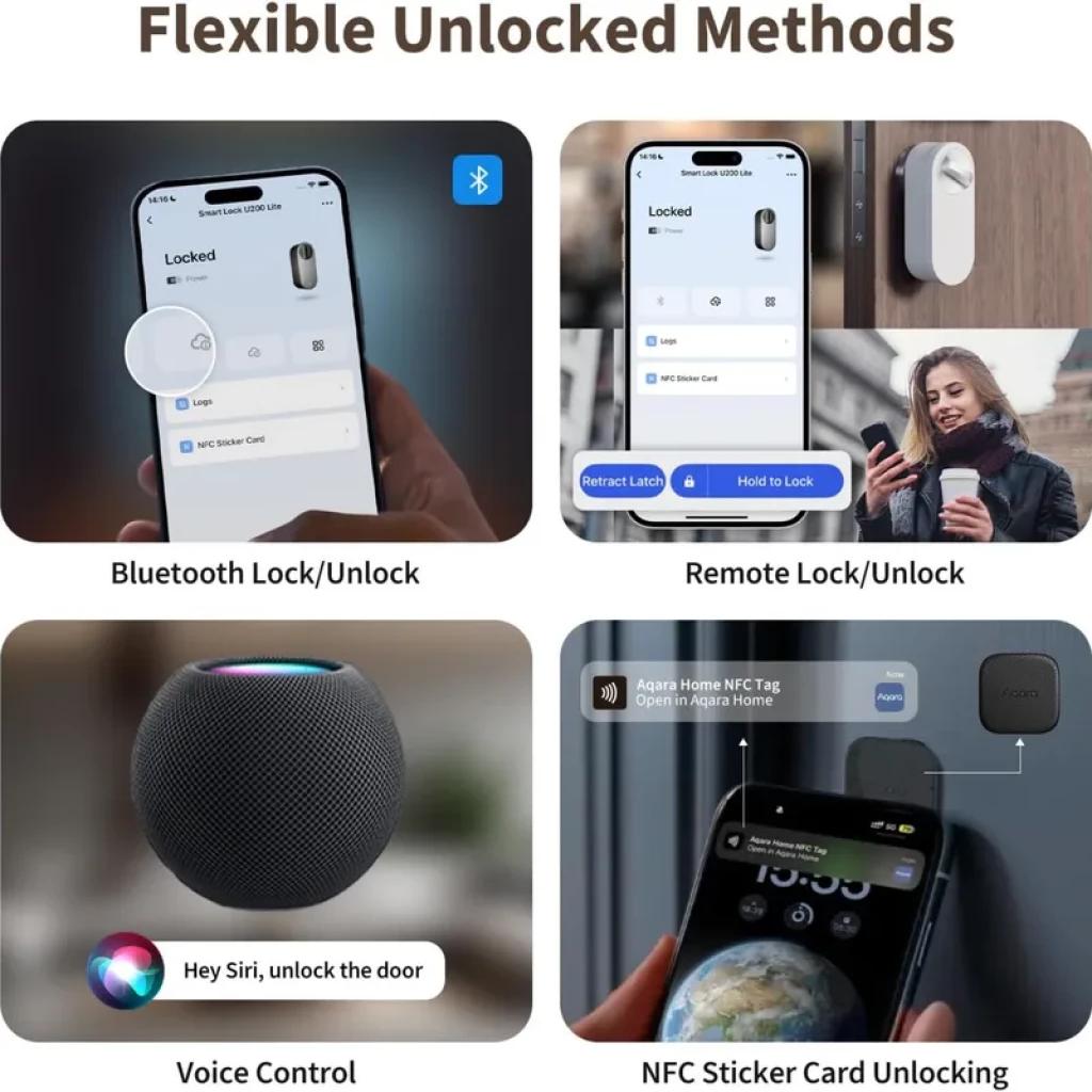 AQARA Smart Lock U200 Lite Preto com fecho automático; desbloqueio por Bluetooth, remoto, voz com Siri e etiqueta NFC; design moderno e compacto