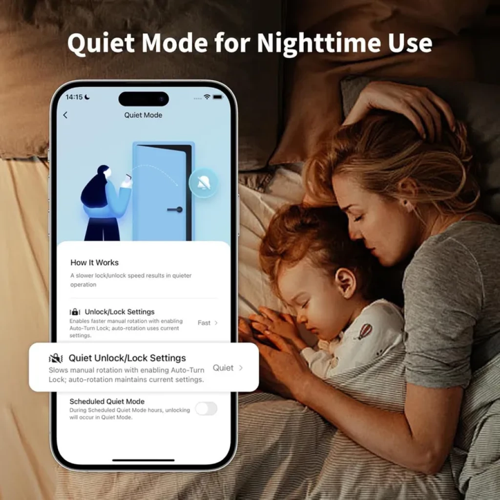 AQARA Smart Lock U200 Lite con modo silencioso nocturno en app móvil, opciones de desbloqueo y bloqueo programado, interfaz clara y controles táctiles