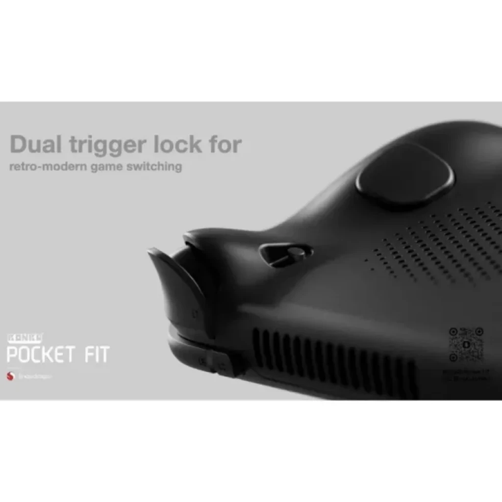 Bouton gâchette double verrouillage sur console noire Ayaneo Konkr Pocket FIT Snapdragon G3 Gen 3, design ergonomique ventilé, texture mate, ports latéraux